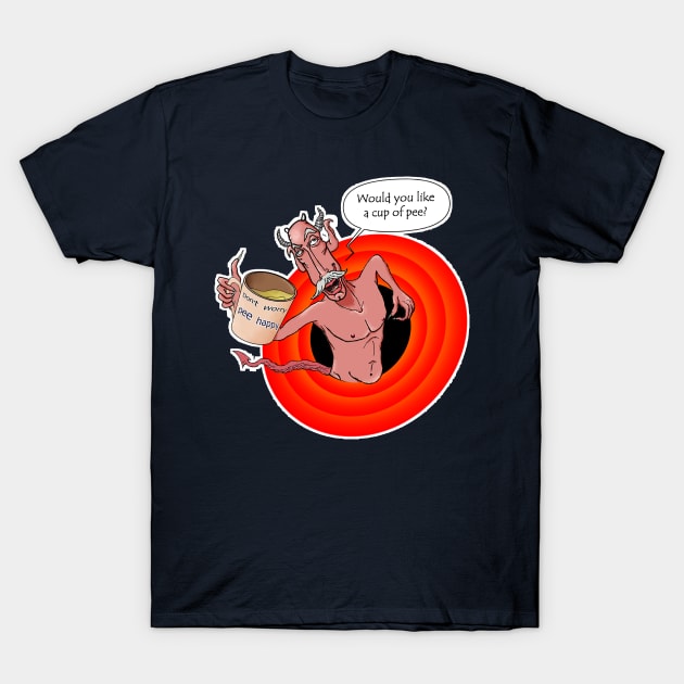 Funny & crazy demon offering "a cup of pee" T-Shirt by Gil Weinstein Studios